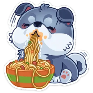 🍜 anjing, anak anjing, imut, makanan, makan, spaghetti, mi telegram sticker