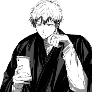😕 Styl anime, Mężczyzna, Kimono, Telefon, Czarno-białe whatsapp sticker
