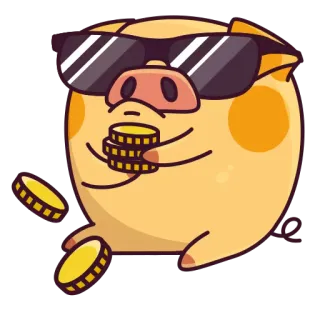 😎 porco, dinheiro, moedas, óculos de sol, animal, desenho animado, adesivo whatsapp sticker