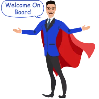 🙏 Welcome On Board добро пожаловать, на борту, бизнес, мультфильм, приветствие, супергерой, плащ, мужчина whatsapp sticker
