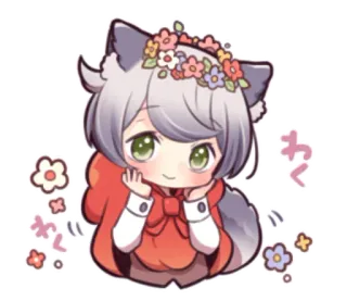 😊 わく Anime, Manga, Kawaii, Lucu, Serigala, Mahkota bunga, Chibi telegram sticker