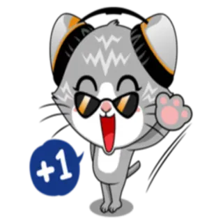 ➕ +1 gato, dibujos animados, gafas de sol, emoji, positivo, saludo whatsapp sticker