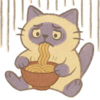🐈‍⬛ chat, manger, nouilles, triste, bol whatsapp sticker