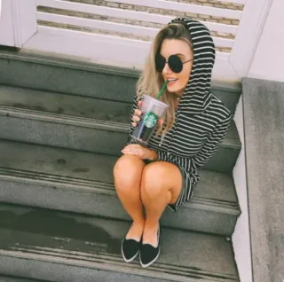 🍹 woman, stairs, dress, sunglasses, starbucks, coffee, drink, sitting, hoodie telegram sticker