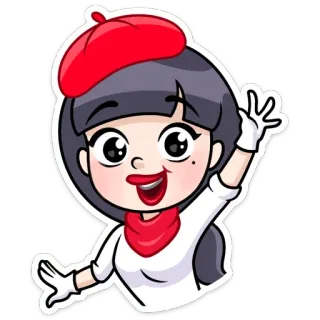 👩‍🦰 мультфильм, девочка, берет, машет, счастливая telegram sticker