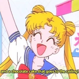 🍫 Sailor Moon and a chocolate cake that goes to the ceiling! sailor moon, anime, kue, cokelat, ceria, perayaan whatsapp sticker
