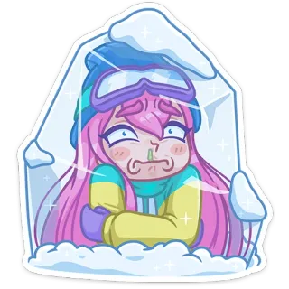 🥶 congelato, freddo, inverno, ghiaccio, ragazza, capelli rosa, cartone animato telegram sticker