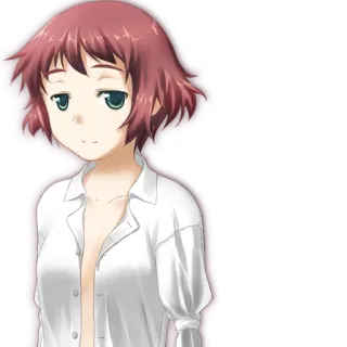 😏 garota anime, cabelo curto, camisa branca, sorrindo, retrato telegram sticker