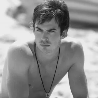 ⚫️ Ian Somerhalder 俳優, 男性, ポートレート, 有名人, ビーチ, モノクロ telegram sticker