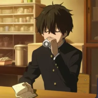 🎷 Oreki Houtarou Hyouka anime, boy, school uniform, drinking, hyouka, oreki houtarou telegram sticker