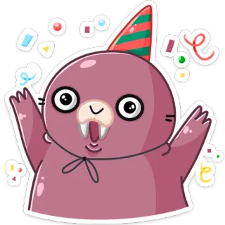 🥳 dibujos animados, morsa, fiesta, celebración, confeti, lindo, festivo, animal telegram sticker