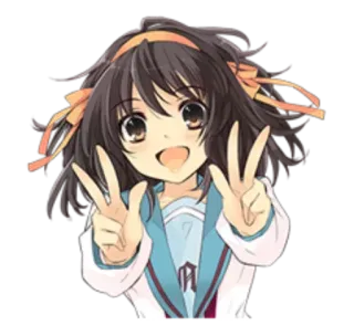 🤗 Haruhi Suzumiya The Melancholy of Haruhi Suzumiya Аниме, Мультфильм, Девушка, Харухи Судзумия, Знак мира, Милый telegram sticker