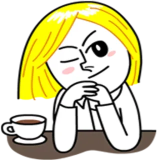 😉 ผู้หญิง, กาแฟ, ขยิบตา, ผมบลอนด์, สีขาว, มินิมอล, การ์ตูน telegram sticker