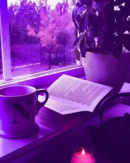 💜 tasse, fenster, buch, kerze, pflanze, tee, entspannen, lesen telegram sticker