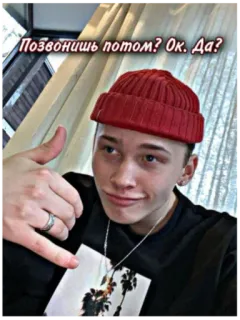 🤙 Позвонишь потом? Ок. Да? man, portrait, beanie, text, russian, person, indoors telegram sticker