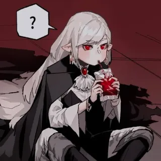 🪔 ? anime girl, elf, red eyes, question mark, drinking telegram sticker