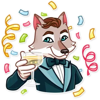 🥳 celebración, fiesta, lobo, brindis, confeti, animación telegram sticker
