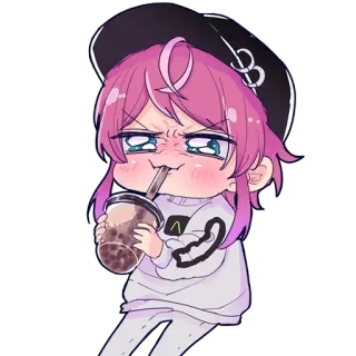 🥤 chibi, cute, boba, drink, hat, pink hair telegram sticker