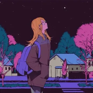 🌙 Стиль аниме, Ночь, Звёзды, Девушка, Рюкзак telegram sticker