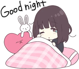 😴 Good night slapen, meisje, anime, schattig, goedenacht, konijn, hart telegram sticker