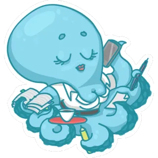 👩 octopus, cartoon, sticker, sea creature, blue, office, book, coffee telegram sticker