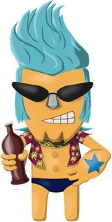 😎 cartone animato, spiaggia, birra, bottiglia, occhiali da sole, personaggio, tatuaggio telegram sticker