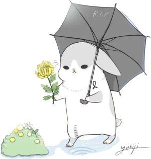 🙏 R.I.P królik, królik, smutny, śmierć, kwiat, parasol, RIP telegram sticker