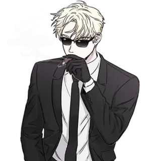 🤫 mann, anzug, sonnenbrille, figur, blonde haare, fliege, handschuhe telegram sticker