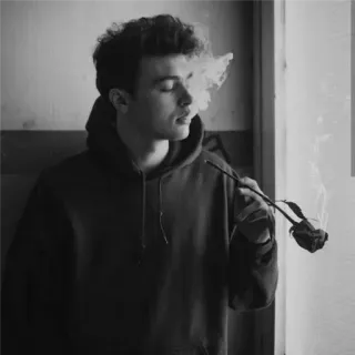 🚬 hombre, fumando, rosa, sudadera con capucha, humo, blanco y negro, retrato telegram sticker