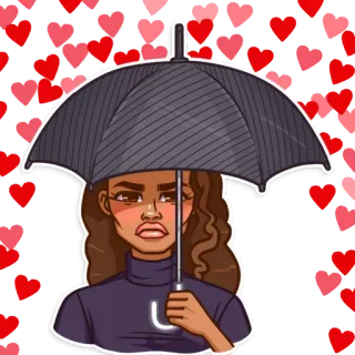 ☹ woman, umbrella, hearts, sticker, rain, cartoon, illustration telegram sticker