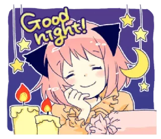 ⭐️ Good night! Anime, Buonanotte, Stelle, Luna, Orecchie da gatto, Carino whatsapp sticker