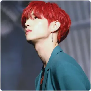 😢 kpop, rote Haare, Mann, Asiate, Porträt, Ohrring, grüner Anzug telegram sticker