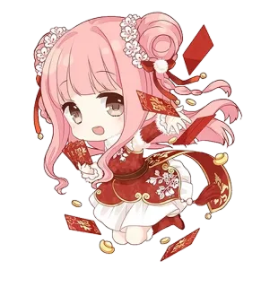 😄 Chibi, Anime, Kawaii, Carino, Capelli rosa, Vestito rosso, Capodanno cinese, Soldi portafortuna telegram sticker