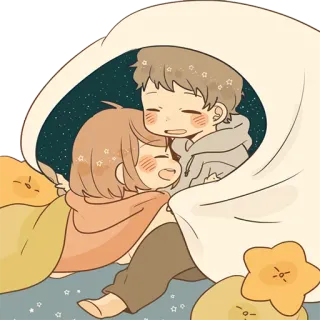 😊 Cartone animato, Carino, Abbraccio, Coppia, Coperta, Stelle telegram sticker