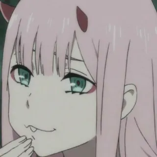 😏 Zero Two Darling in the Franxx 애니메이션, 제로투, 달링 인 더 프랑키스, 캐릭터, 분홍 머리, 뿔, 애니 여캐 telegram sticker