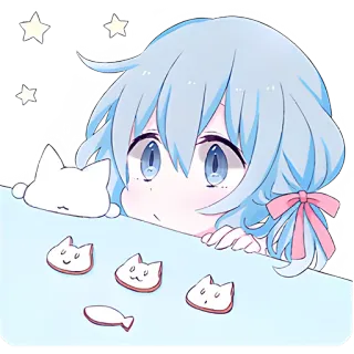 🙂 Anime Mädchen, süß, Katzen, Sterne, Kawaii, hellblaues Haar, Cartoon, Sticker telegram sticker