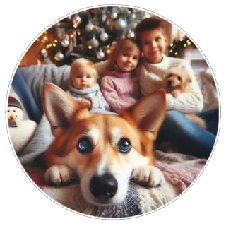 🥰 chó, corgi, trẻ em, trẻ em, giáng sinh, mùa đông, gia đình, thú cưng whatsapp sticker