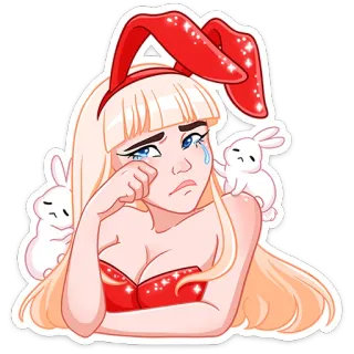 😥 oreilles de lapin, pleurer, triste, mignon, dessin animé, lapin, fille whatsapp sticker