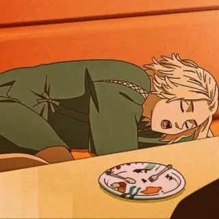 🧀 Anime, schlafend, erschöpft, unordentlich, Teller, Essen, müde telegram sticker