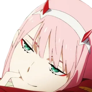 😏 Zero Two Darling in the Franxx anime, zero two, darling in the franxx, pink hair, horns telegram sticker