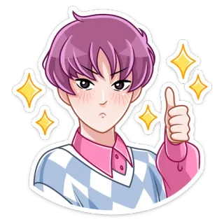👍 Anime, Pulgar arriba, Brillo, Dibujo animado, Pelo morado, Positivo, Gesto, Arte telegram sticker