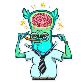 😑 Мультфильм, Мозг, Мышление, В стрессе, Офис, Инопланетянин, Персонаж, Смешной whatsapp sticker
