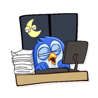 💻 owl, sleepy, night, desk, computer, tired, moon, cartoon telegram sticker