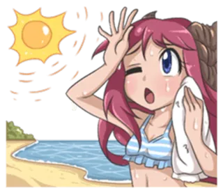 😓 อนิเมะ, ชายหาด, ร้อน, ฤดูร้อน, ผู้หญิง, เหงื่อ, แสงแดด telegram sticker
