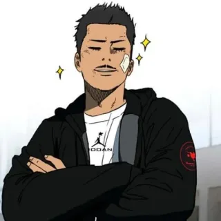 🌟 giacca a vento, uomo, sorriso, anime, brillantini telegram sticker