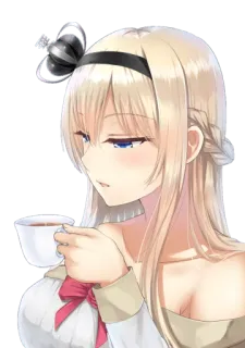 🍵 Anime, Fille, Thé, Cheveux blonds, Mignon, Tasse, Femme, Portrait telegram sticker