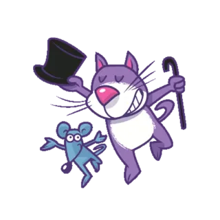💃 gatto, topo, cartone animato, animale, personaggio, festa, cilindro, allegro telegram sticker