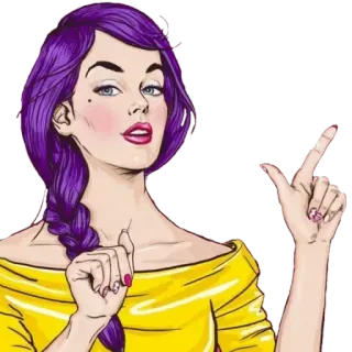 ☝️ Frau, lila Haare, gelbes Shirt, zeigend, Pop Art, Cartoon telegram sticker