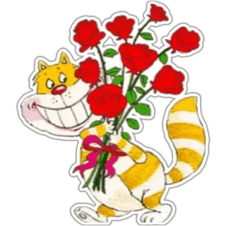 🌹 cat, flowers, roses, cartoon, striped, bouquet whatsapp sticker