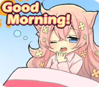 😮 Good Morning! chào buổi sáng, cô gái anime, hoạt hình, dễ thương, buồn ngủ, buổi sáng telegram sticker